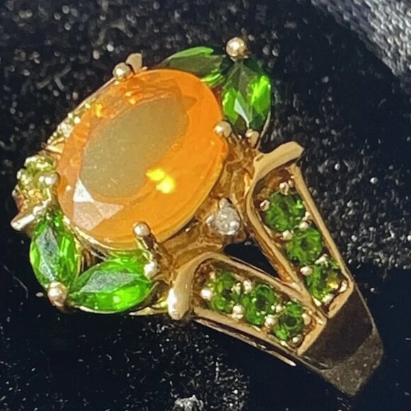 14K YELLOW GOLD FIRE OPAL AND TSAVORITE GARNET STUNNING RING SIZE 6 - Picture 1 of 14